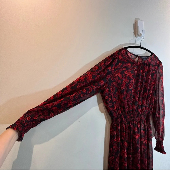 TOMMY HILFIGER Sz L Sheer Shell Puffy Sleeves Elastic Waist Midi Dress Shell - Picture 3 of 10